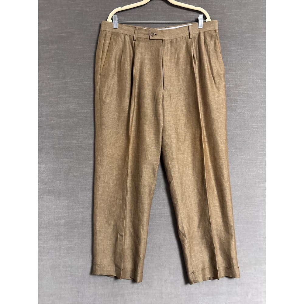 Vintage Louis Raphael Pants 38x30 Brown Linen Blend Pleated Cuffed Baggy Classic